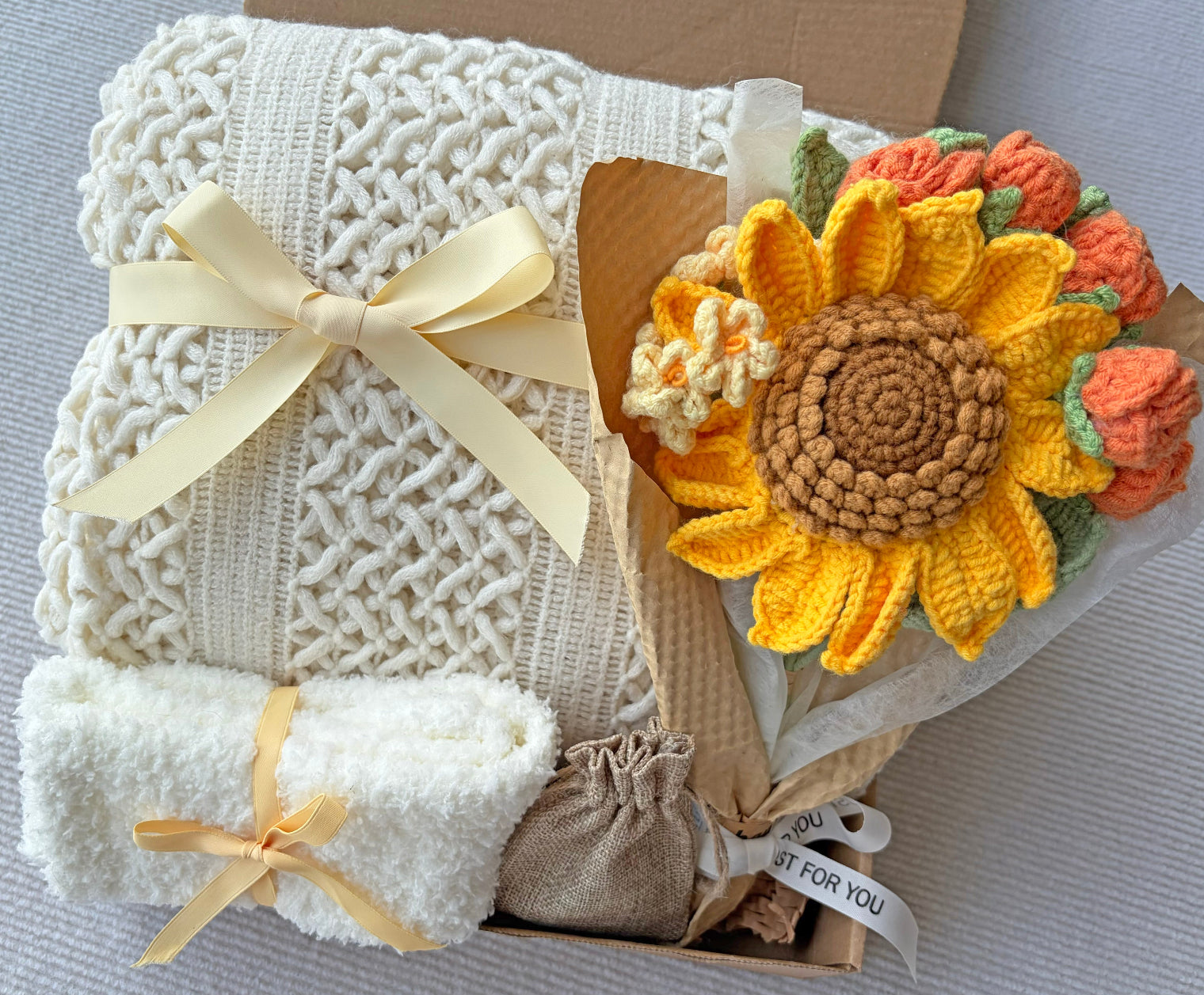 Sunflower Crochet Bouquet Gift Box | Cozy White Care Package komorebi INC