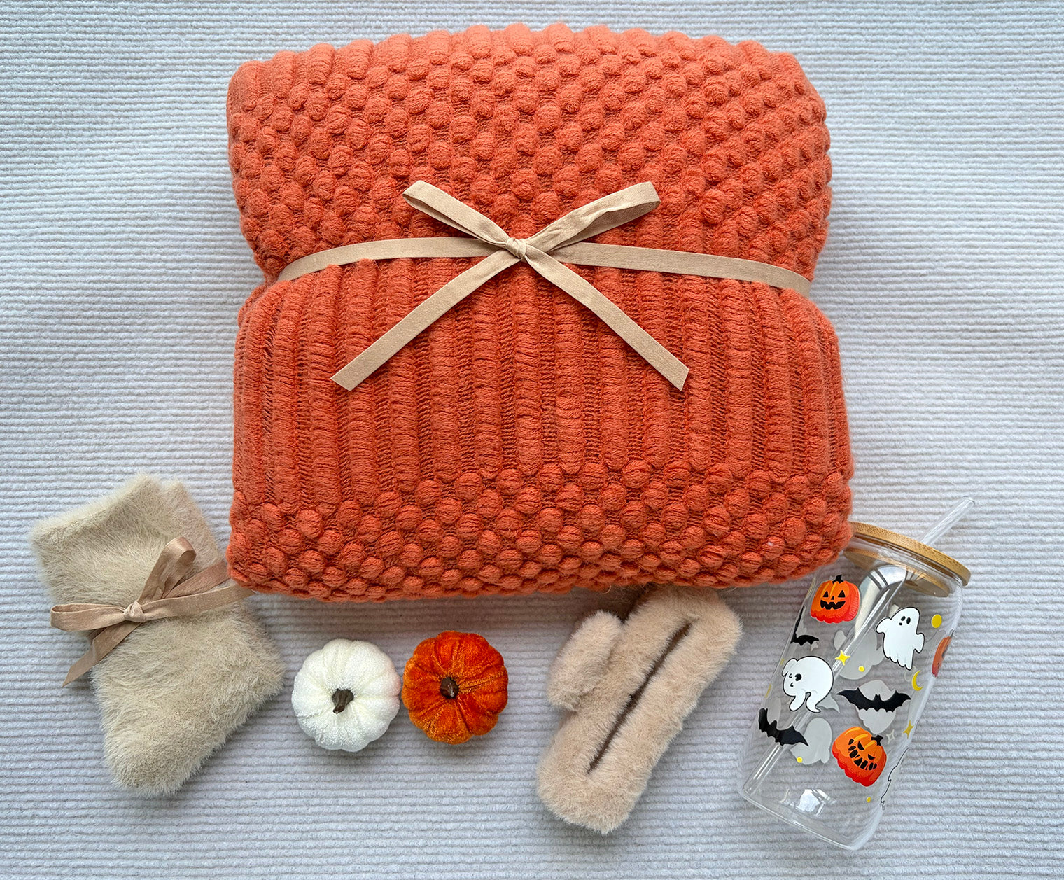 Vibrant Orange Chunky Knit Halloween Harvest Self-Care Gift Box for Women Cozy Spooky Fall Set komorebi INC