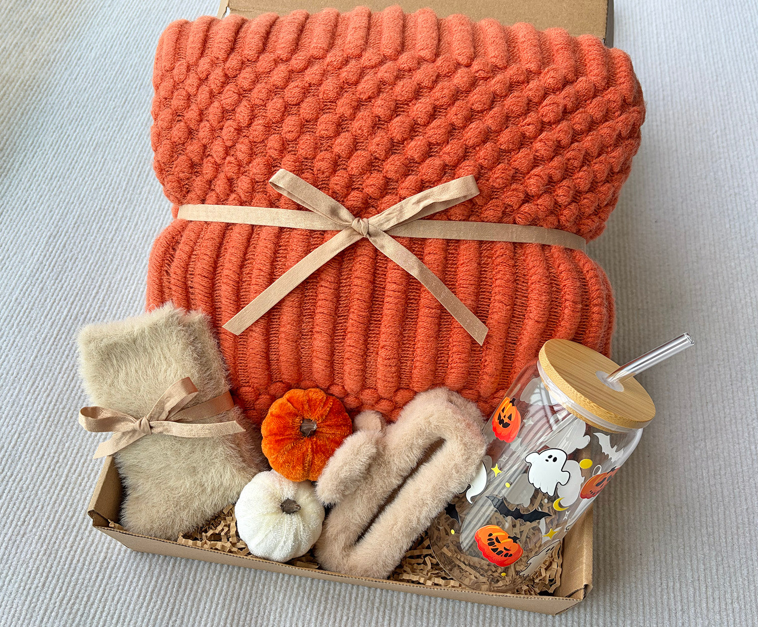 Vibrant Orange Chunky Knit Halloween Harvest Self-Care Gift Box for Women Cozy Spooky Fall Set komorebi INC