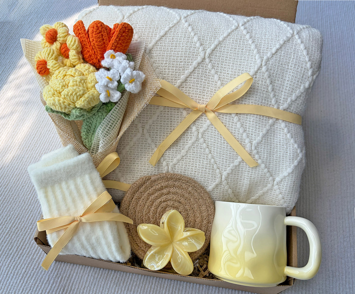 Warm Yellow Handmade Crochet Flower Self Care Gift Box for Women komorebi INC