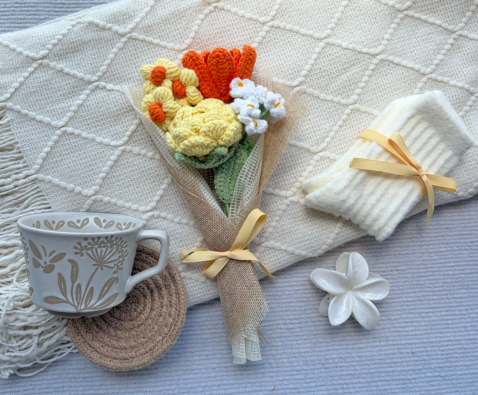 Warm Yellow Handmade Crochet Flower Self Care Gift Box for Women komorebi INC