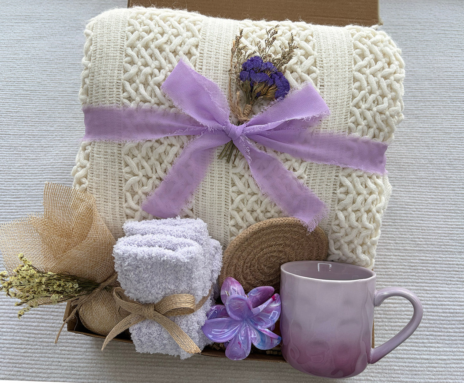 Cream & Lavender Cozy Gift Basket for Her – Self Care Gift Box komorebi INC