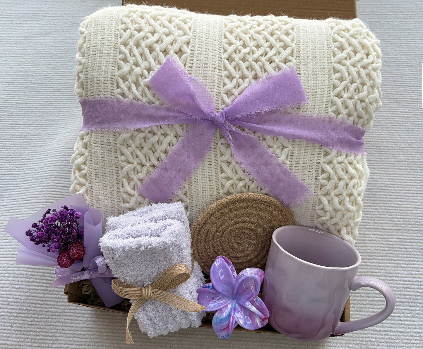 Cream Cable Knit Blanket Lavender Self Care Gift Basket for Women komorebi INC