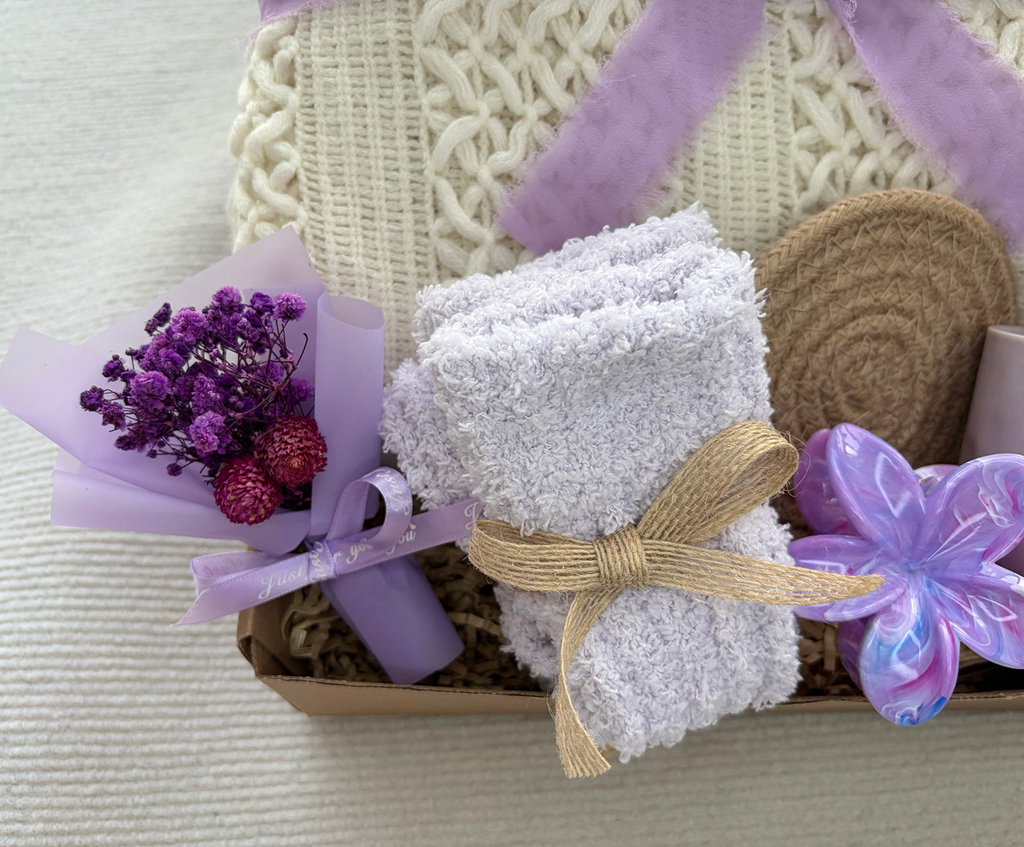 Cream Cable Knit Blanket Lavender Self Care Gift Basket for Women komorebi INC