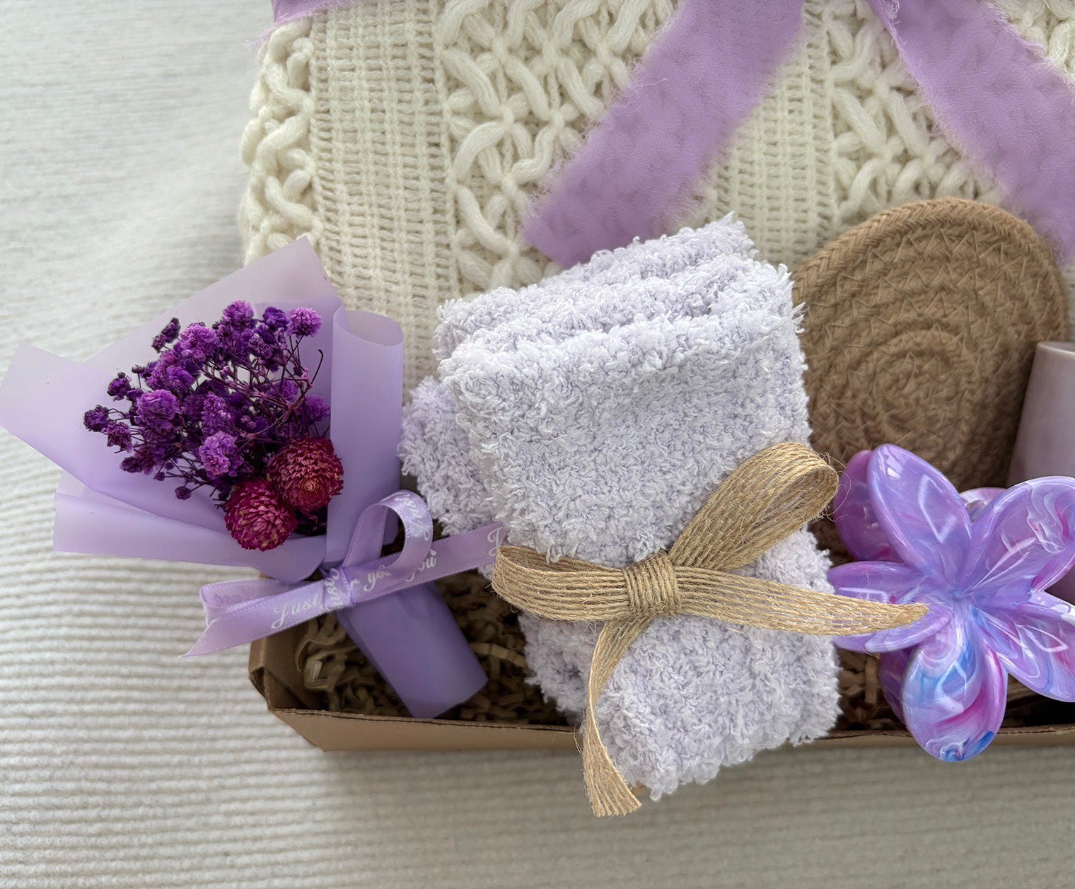 Cream Cable Knit Blanket Lavender Self Care Gift Basket for Women komorebi INC