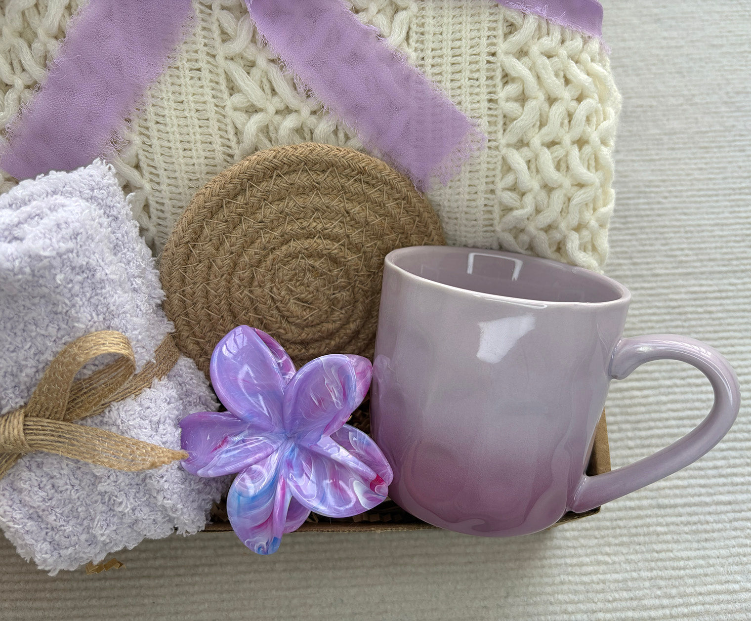 Cream Cable Knit Blanket Lavender Self Care Gift Basket for Women komorebi INC