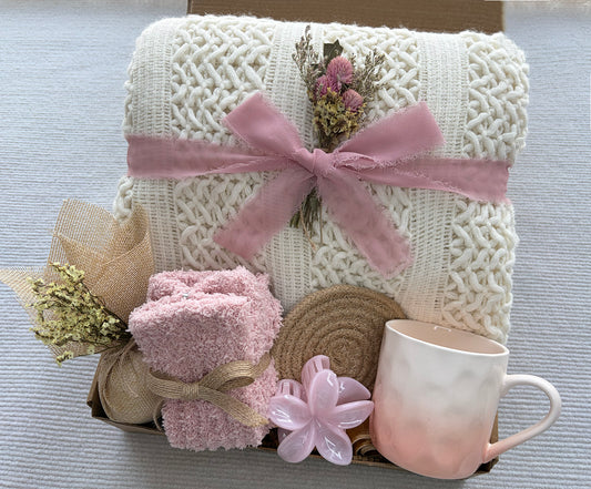 Pastel Self Care Gift Basket | Cable Knit Blanket, Pink Gradient Mug, Bath Puff & Dried Flower Gift for Her komorebi INC
