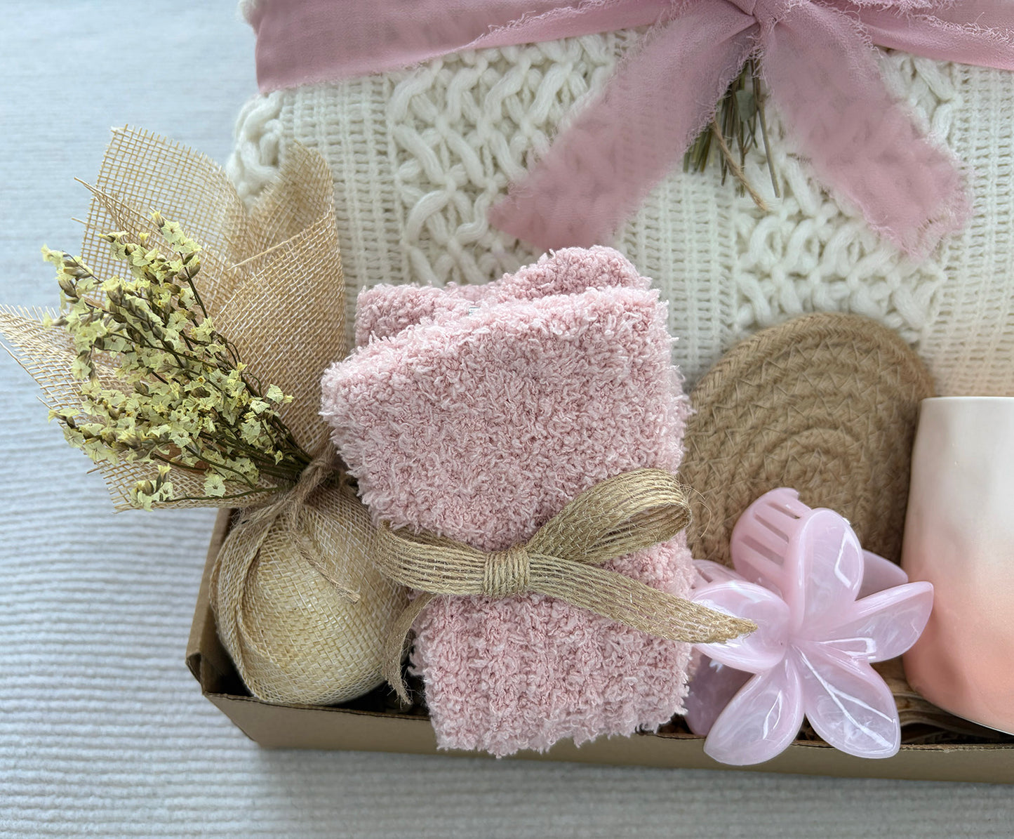 Pastel Self Care Gift Basket | Cable Knit Blanket, Pink Gradient Mug, Bath Puff & Dried Flower Gift for Her komorebi INC