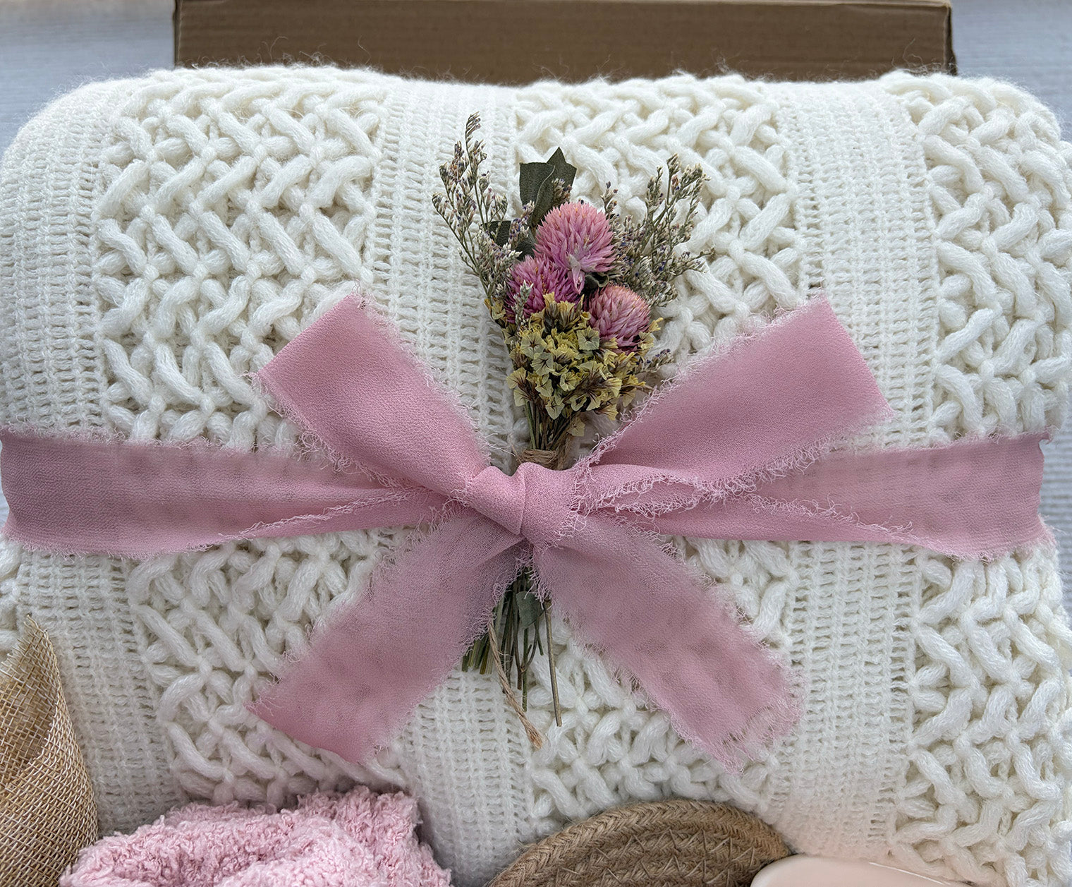 Soft Cream Cozy Gift Box for Her | Cable Knit Blanket, Botanical Mug, Fuzzy Socks, Fringe Hand Towel & Dried Floral Gift Basket komorebi INC