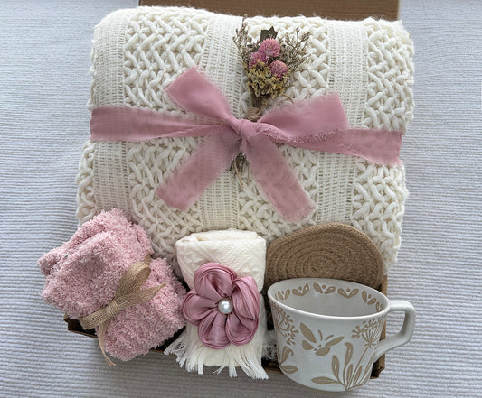 Soft Cream Cozy Gift Box for Her | Cable Knit Blanket, Botanical Mug, Fuzzy Socks, Fringe Hand Towel & Dried Floral Gift Basket komorebi INC