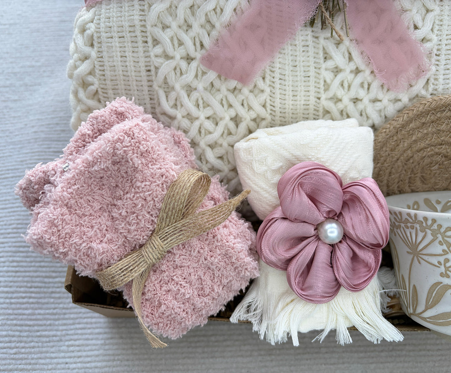 Soft Cream Cozy Gift Box for Her | Cable Knit Blanket, Botanical Mug, Fuzzy Socks, Fringe Hand Towel & Dried Floral Gift Basket komorebi INC