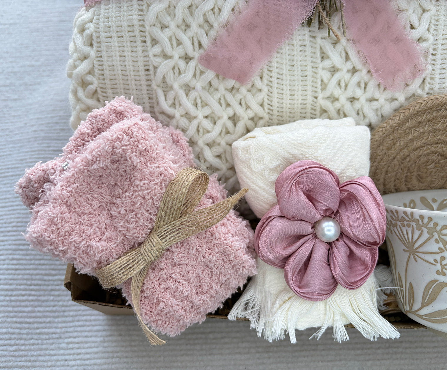 Soft Cream Cozy Gift Box for Her | Cable Knit Blanket, Botanical Mug, Fuzzy Socks, Fringe Hand Towel & Dried Floral Gift Basket komorebi INC