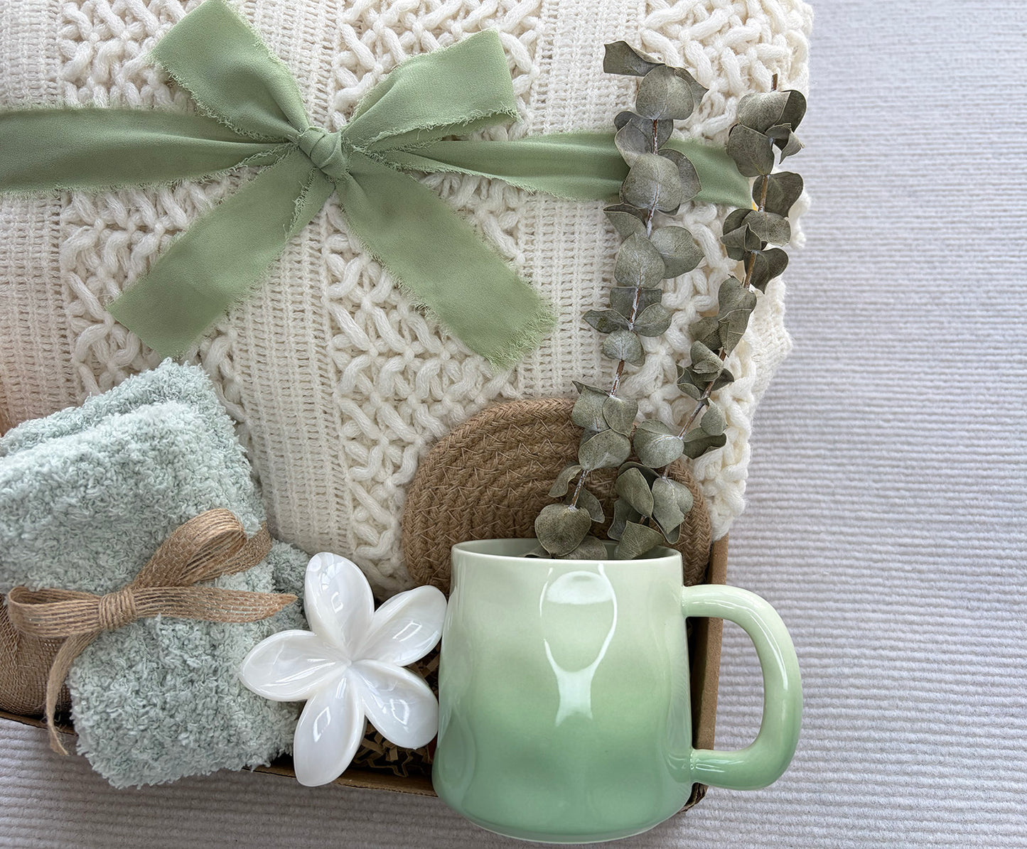 Cream Sage Green Cozy Gift Basket for Her – Self Care Gift Box komorebi INC