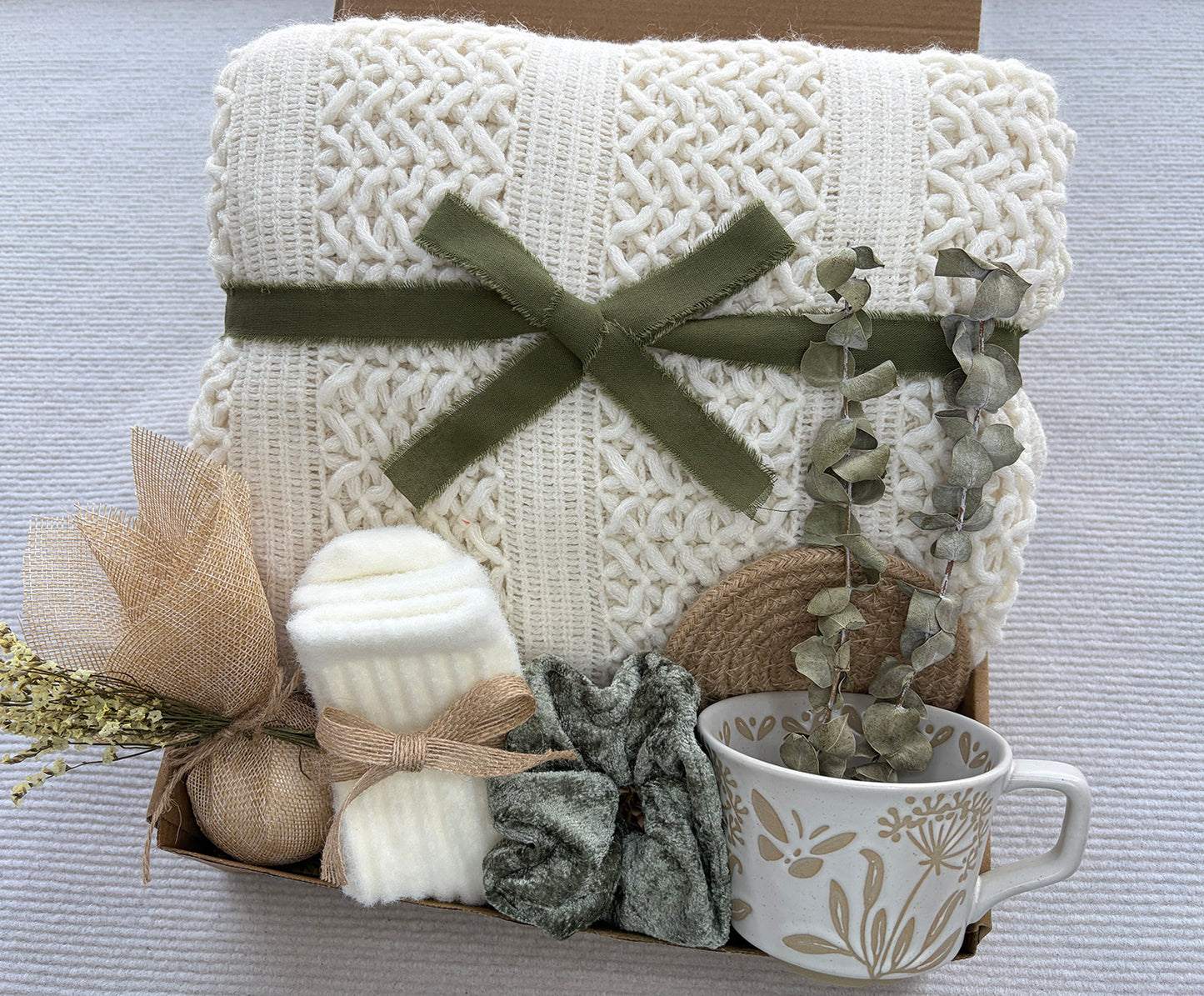 Cream Olive Green Cozy Gift Basket for Her – Self Care Gift Box with Knit Blanket, Botanical Mug, Fuzzy Socks, Bath Bombs, Scrunchie & Eucalyptus komorebi INC