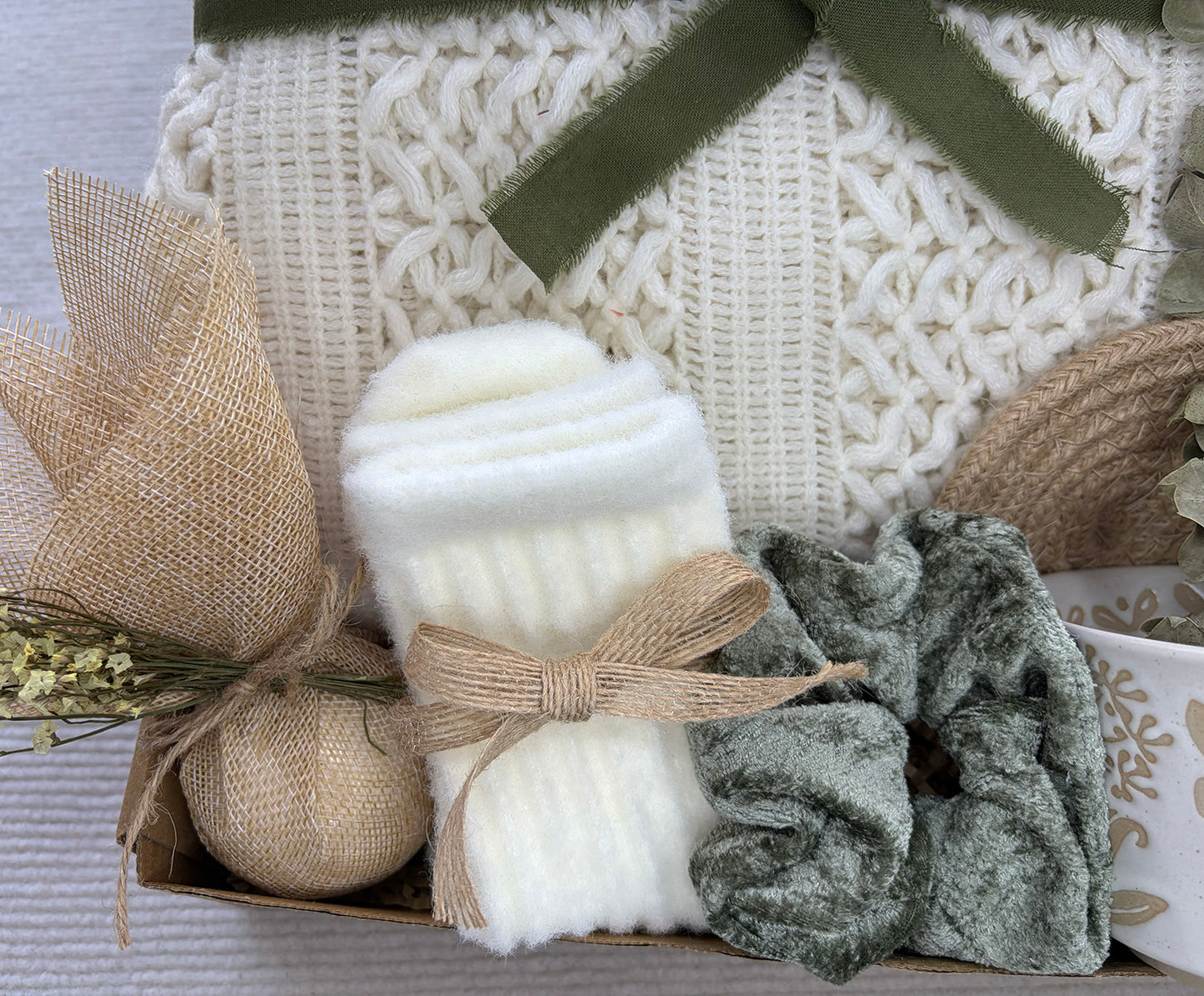 Cream Olive Green Cozy Gift Basket for Her – Self Care Gift Box with Knit Blanket, Botanical Mug, Fuzzy Socks, Bath Bombs, Scrunchie & Eucalyptus komorebi INC