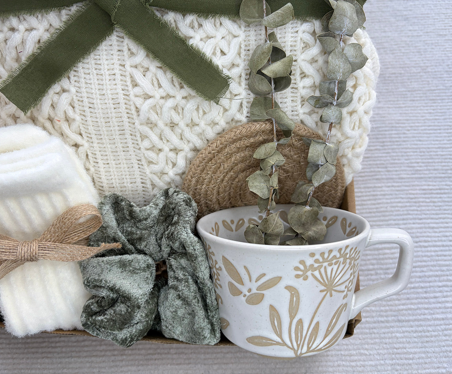Cream Olive Green Cozy Gift Basket for Her – Self Care Gift Box with Knit Blanket, Botanical Mug, Fuzzy Socks, Bath Bombs, Scrunchie & Eucalyptus komorebi INC