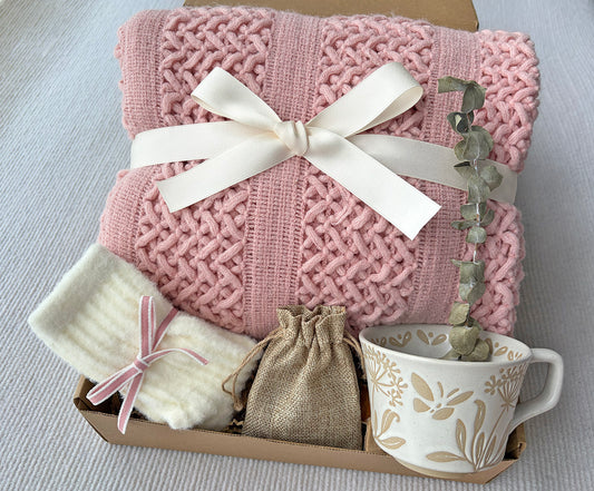 Soft Blush Pink Cozy Gift Box | Cable Knit Blanket, Botanical Mug, Fuzzy Socks & Scent Bag Gift Basket komorebi INC