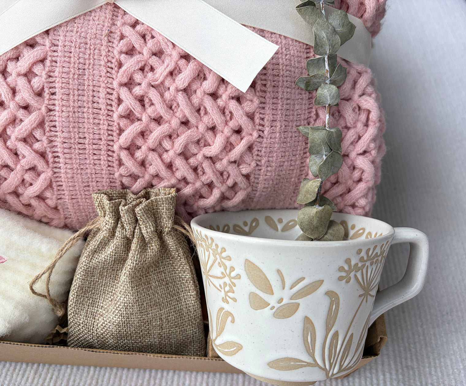 Soft Blush Pink Cozy Gift Box | Cable Knit Blanket, Botanical Mug, Fuzzy Socks & Scent Bag Gift Basket komorebi INC