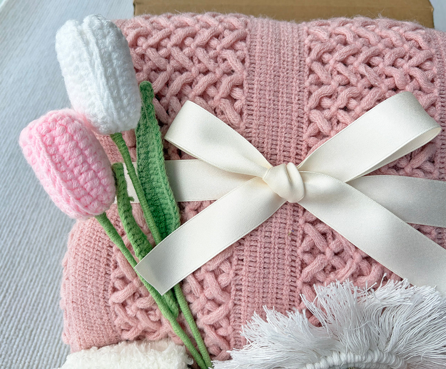 Blush Pink Cozy Gift Basket for Her – Self Care Gift Box with Knit Blanket, Pink Mug, Fuzzy Socks, Crochet Tulip Bouquet & Relaxation Essentials komorebi INC