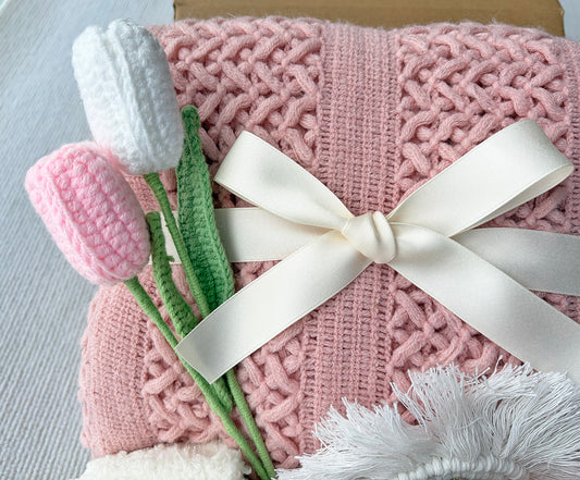 Blush Pink Cozy Gift Basket for Her – Self Care Gift Box with Knit Blanket, Pink Mug, Fuzzy Socks, Crochet Tulip Bouquet & Relaxation Essentials komorebi INC
