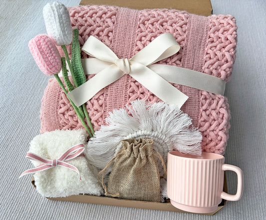 Blush Pink Cozy Gift Basket for Her – Self Care Gift Box with Knit Blanket, Pink Mug, Fuzzy Socks, Crochet Tulip Bouquet & Relaxation Essentials komorebi INC