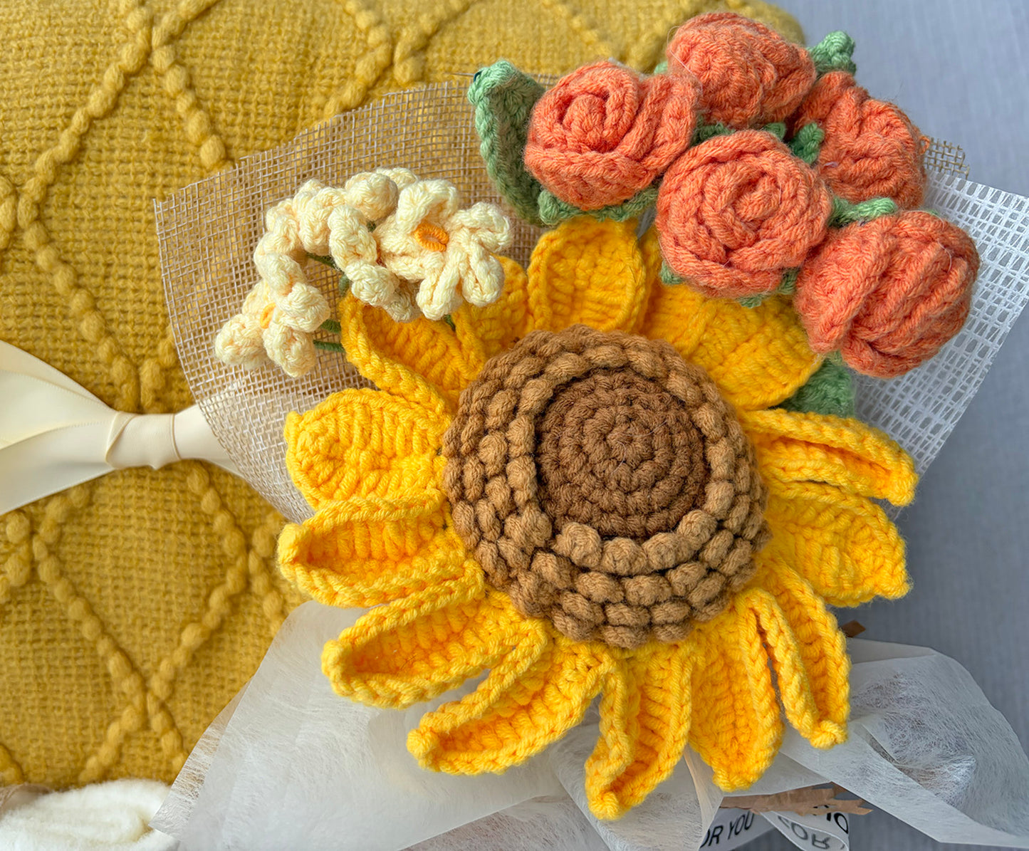 Yellow Self-Care Gift Basket for Her | Cozy Knit Blanket, Crochet Sunflower Bouquet, Fuzzy Socks & Scented Sachet komorebi INC