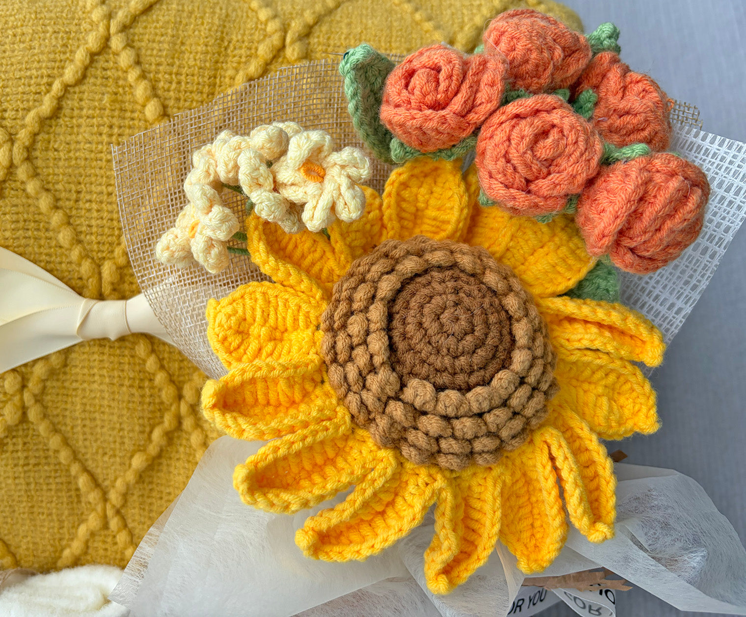 Yellow Self-Care Gift Basket for Her | Cozy Knit Blanket, Crochet Sunflower Bouquet, Fuzzy Socks & Scented Sachet komorebi INC