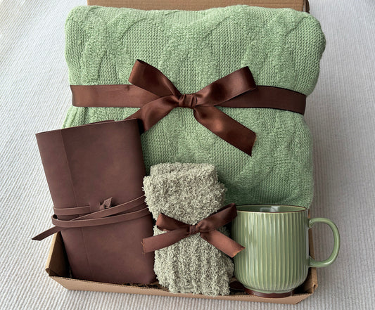 Minimal Sage Green Cozy Gift Box for Her | Cable Knit Blanket, Ribbed Sage Mug, Fuzzy Socks & Leather Journal Gift Basket komorebi INC