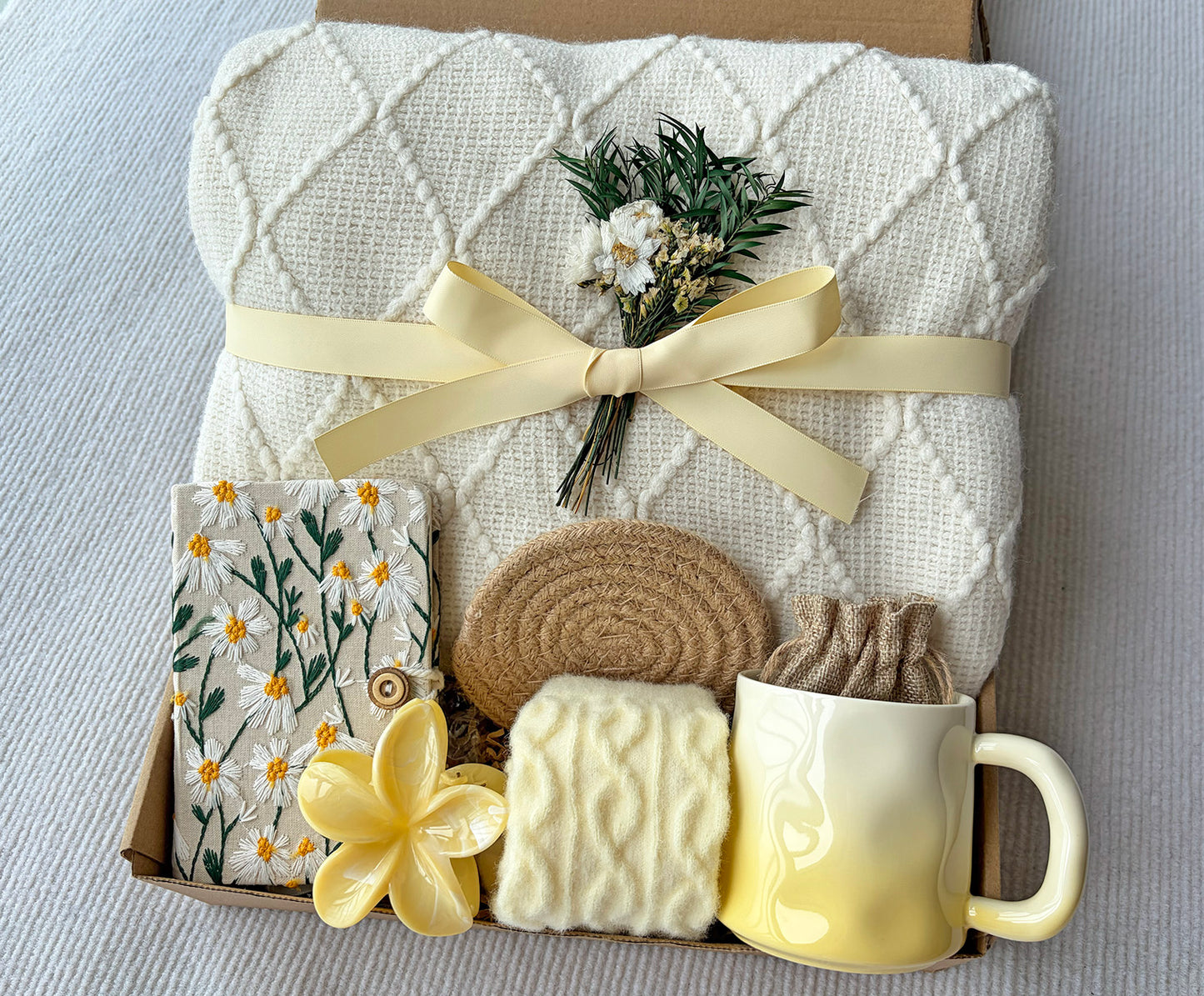 Cream Geometric Knit Blanket Gift Basket | Cozy Self Care Present komorebi INC