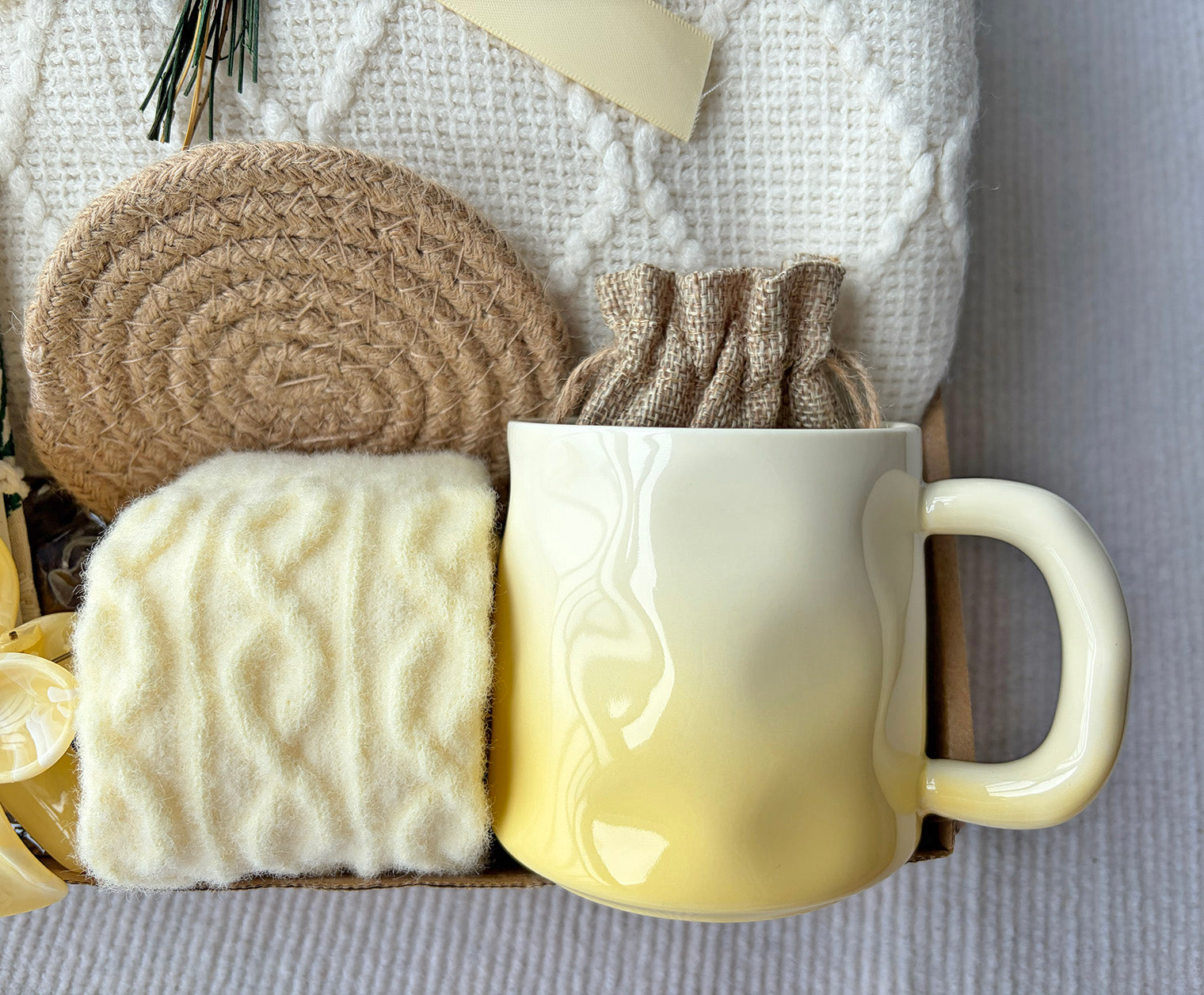 Cream Geometric Knit Blanket Gift Basket | Cozy Self Care Present komorebi INC
