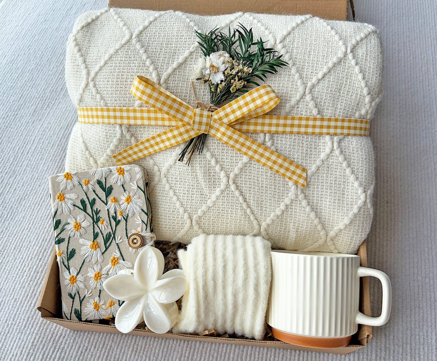 Cream Warm Gift Box | Geometric Blanket, Striped Mug, Notebook, Fuzzy Socks & Dried Flower Gift Basket komorebi INC