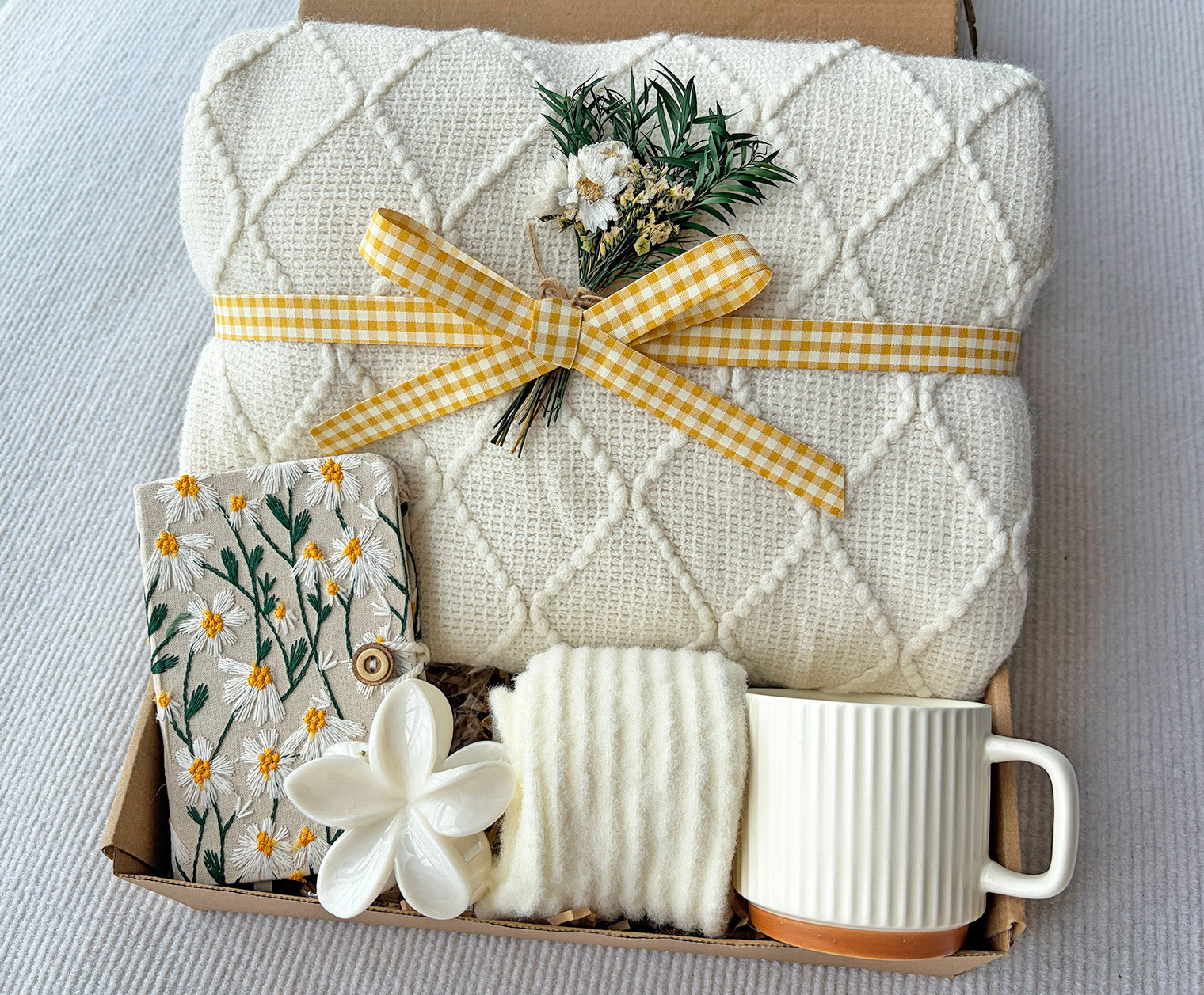 Cream Warm Gift Box | Geometric Blanket, Striped Mug, Notebook, Fuzzy Socks & Dried Flower Gift Basket komorebi INC