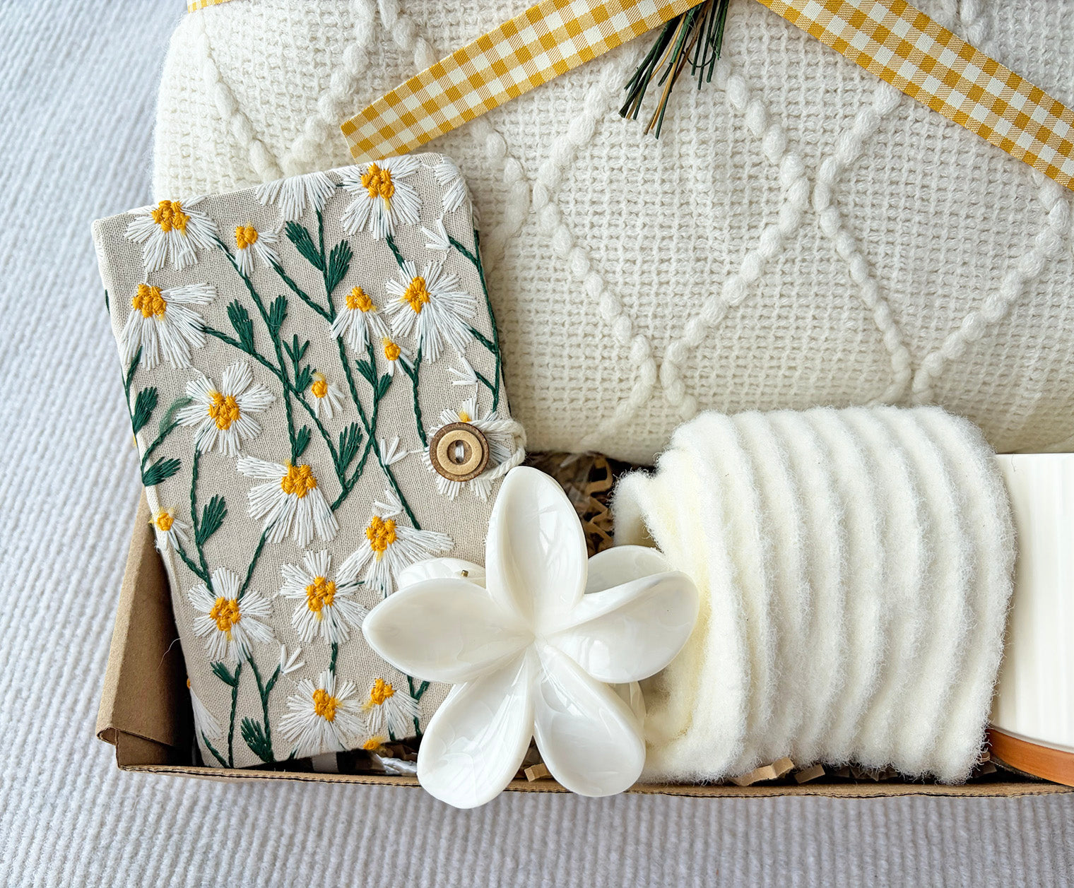 Cream Warm Gift Box | Geometric Blanket, Striped Mug, Notebook, Fuzzy Socks & Dried Flower Gift Basket komorebi INC