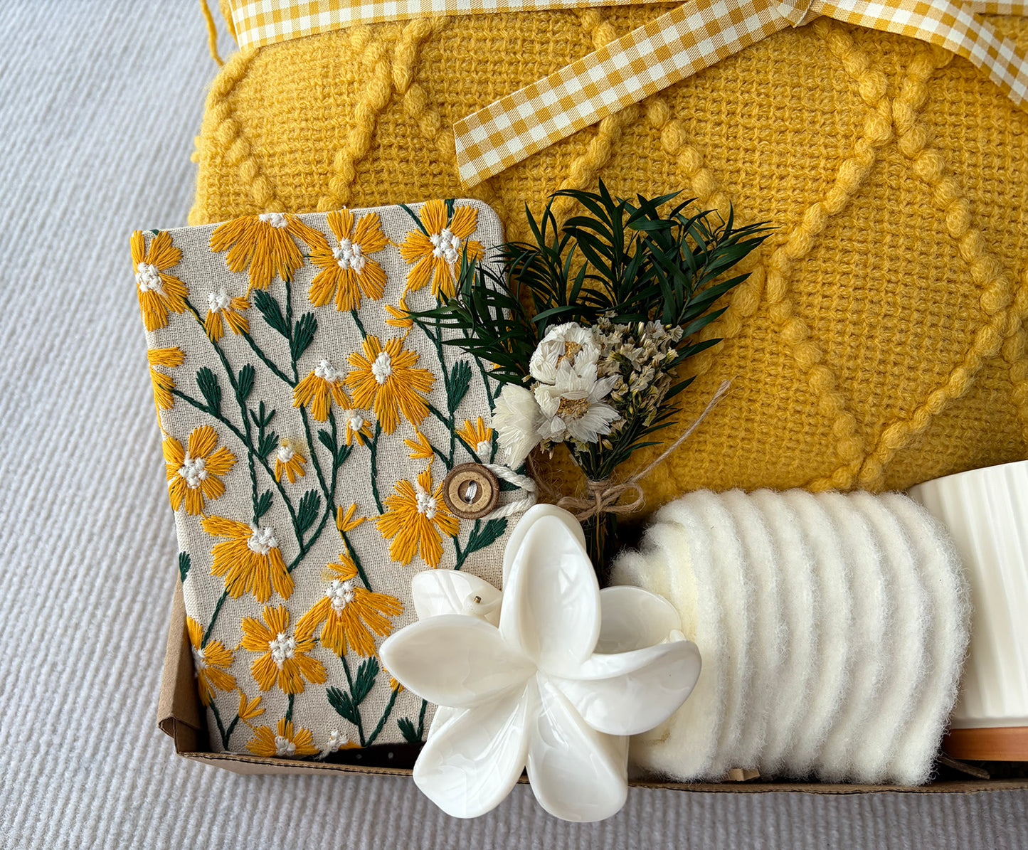 Sunny Yellow Self-Care Gift Basket for Her | Cozy Knit Blanket, Ceramic Mug, Fuzzy Socks, Daisy Notebook & Dried Flower Decor komorebi INC