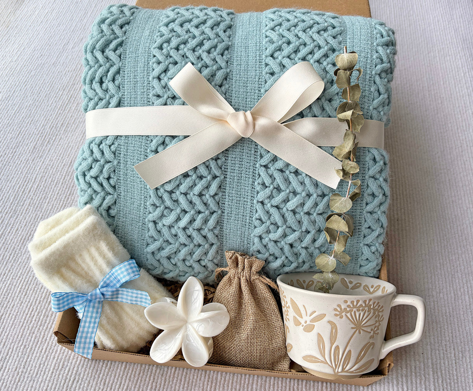 Light Blue Cozy Gift Basket for Her | Pastel Calming Self Care Gift Set komorebi INC