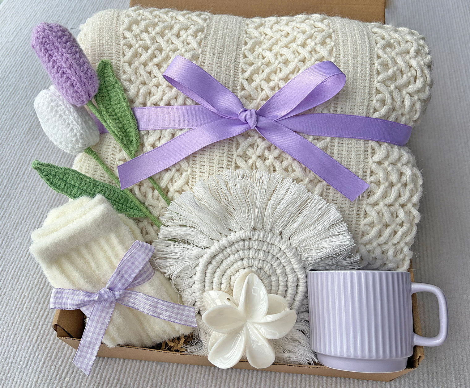 Cream Lavender Cozy Gift Basket for Her – Self Care Gift Box with Knit Blanket, Lilac Mug, Fuzzy Socks, Hair Clip & Crochet Tulip Bouquet komorebi INC