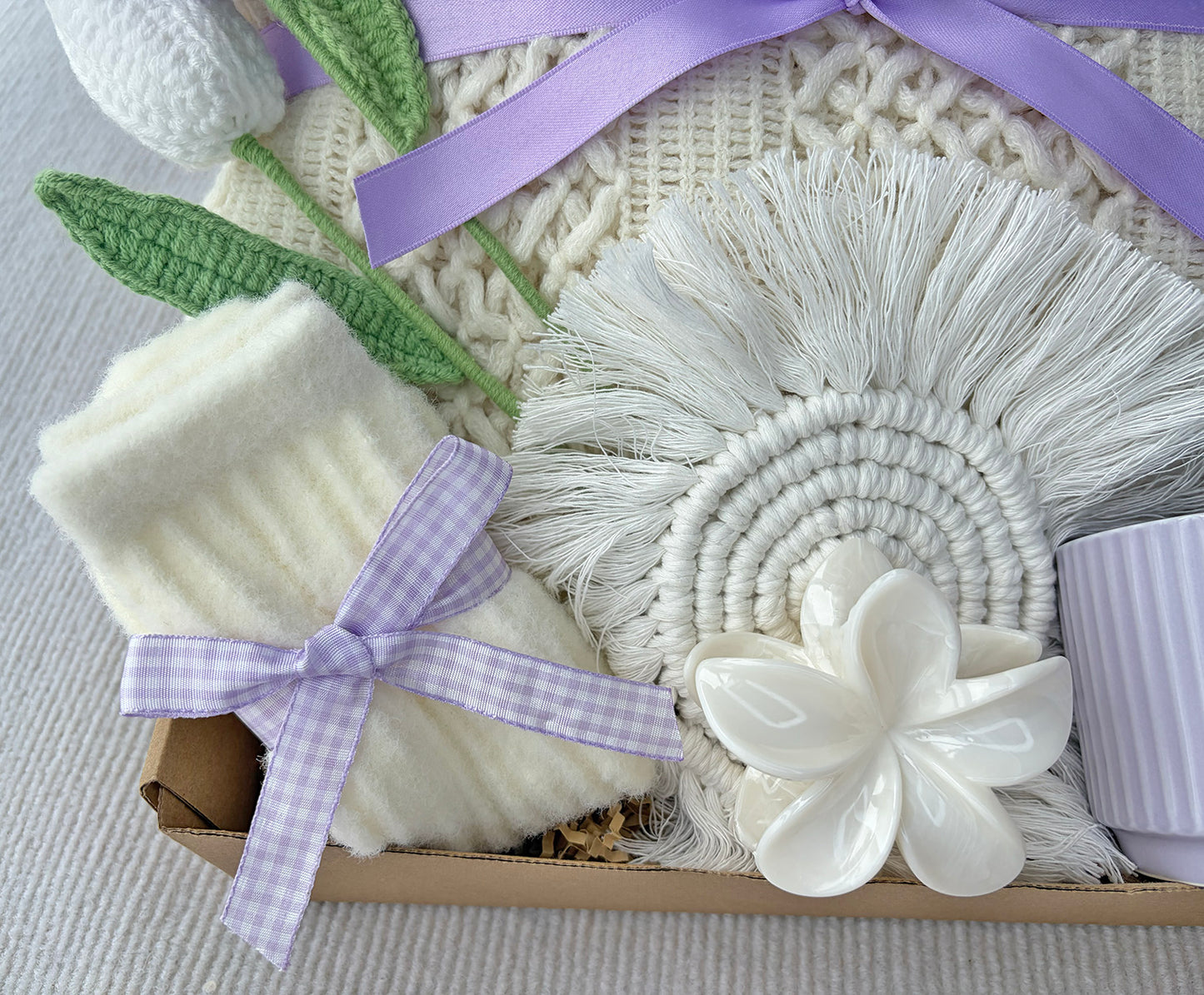 Cream Lavender Cozy Gift Basket for Her – Self Care Gift Box with Knit Blanket, Lilac Mug, Fuzzy Socks, Hair Clip & Crochet Tulip Bouquet komorebi INC