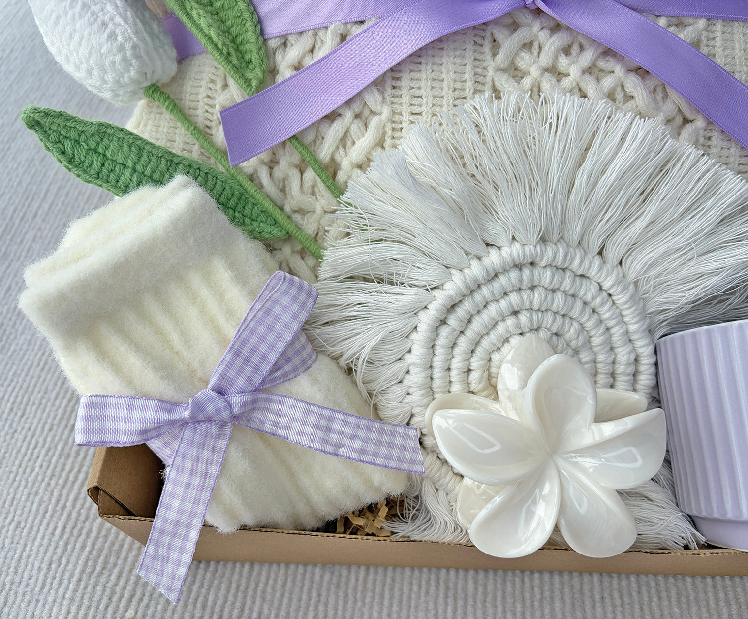 Cream Lavender Cozy Gift Basket for Her – Self Care Gift Box with Knit Blanket, Lilac Mug, Fuzzy Socks, Hair Clip & Crochet Tulip Bouquet komorebi INC