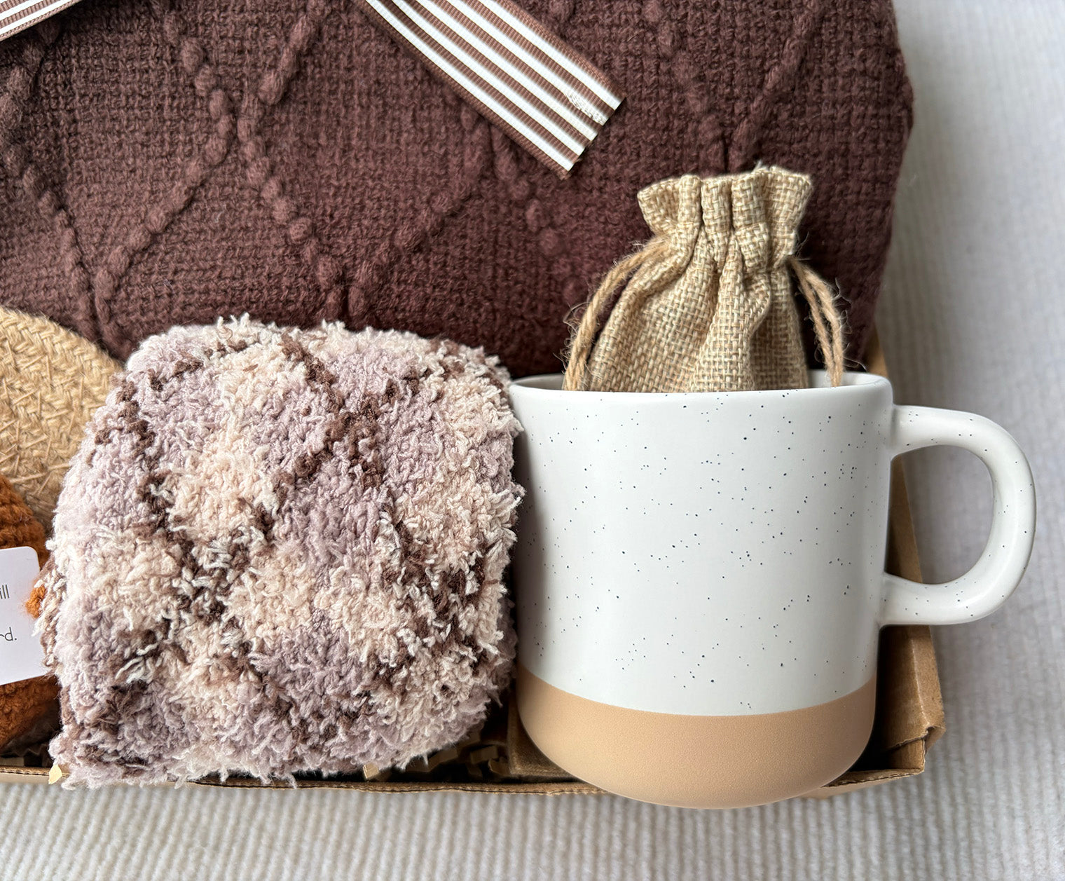 Brown Cozy Self-Care Gift Basket for Her | Cocoa Knit Blanket, Motivational Potato Doll, Mug, Fuzzy Socks & Rustic Decor komorebi INC