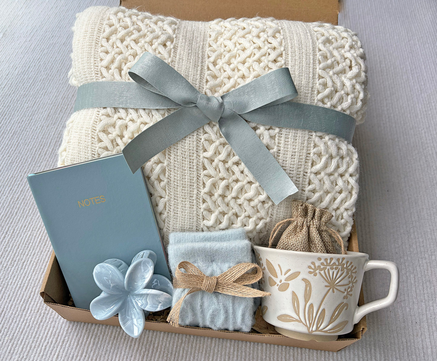 Cream Dusty Blue Cozy Gift Basket for Her – Self Care Gift Box komorebi INC