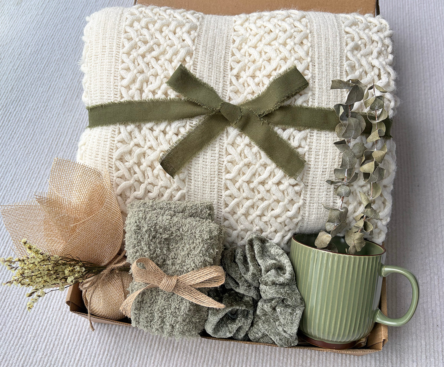 Cream Olive Green Cozy Gift Basket for Her – Self Care Gift Box with Knit Blanket, Botanical Mug, Fuzzy Socks, Bath Bombs, Scrunchie & Eucalyptus komorebi INC