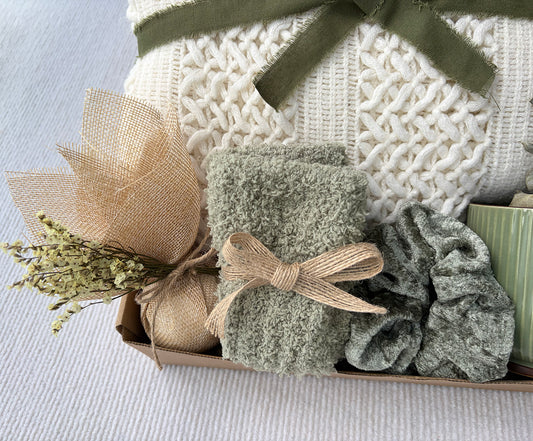 Cream Olive Green Cozy Gift Basket for Her – Self Care Gift Box with Knit Blanket, Botanical Mug, Fuzzy Socks, Bath Bombs, Scrunchie & Eucalyptus komorebi INC