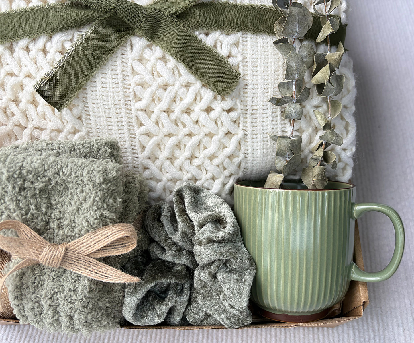 Cream Olive Green Cozy Gift Basket for Her – Self Care Gift Box with Knit Blanket, Botanical Mug, Fuzzy Socks, Bath Bombs, Scrunchie & Eucalyptus komorebi INC