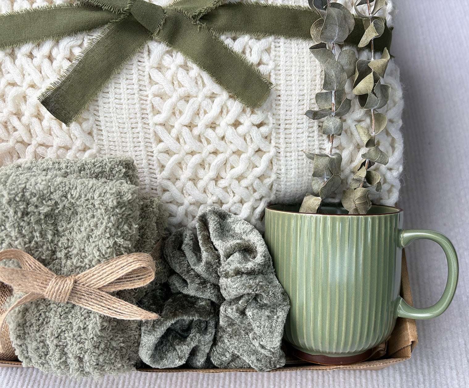 Cream Olive Green Cozy Gift Basket for Her – Self Care Gift Box with Knit Blanket, Botanical Mug, Fuzzy Socks, Bath Bombs, Scrunchie & Eucalyptus komorebi INC