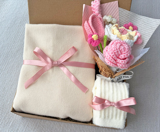 Pink Crochet Flower Gift Basket with Cream Knit Scarf & White Fuzzy Socks | Thoughtful Self Care Present komorebi INC