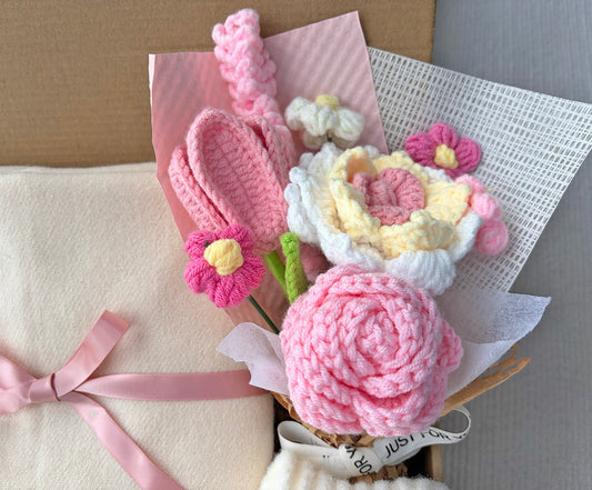 Pink Crochet Flower Gift Basket with Cream Knit Scarf & White Fuzzy Socks | Thoughtful Self Care Present komorebi INC