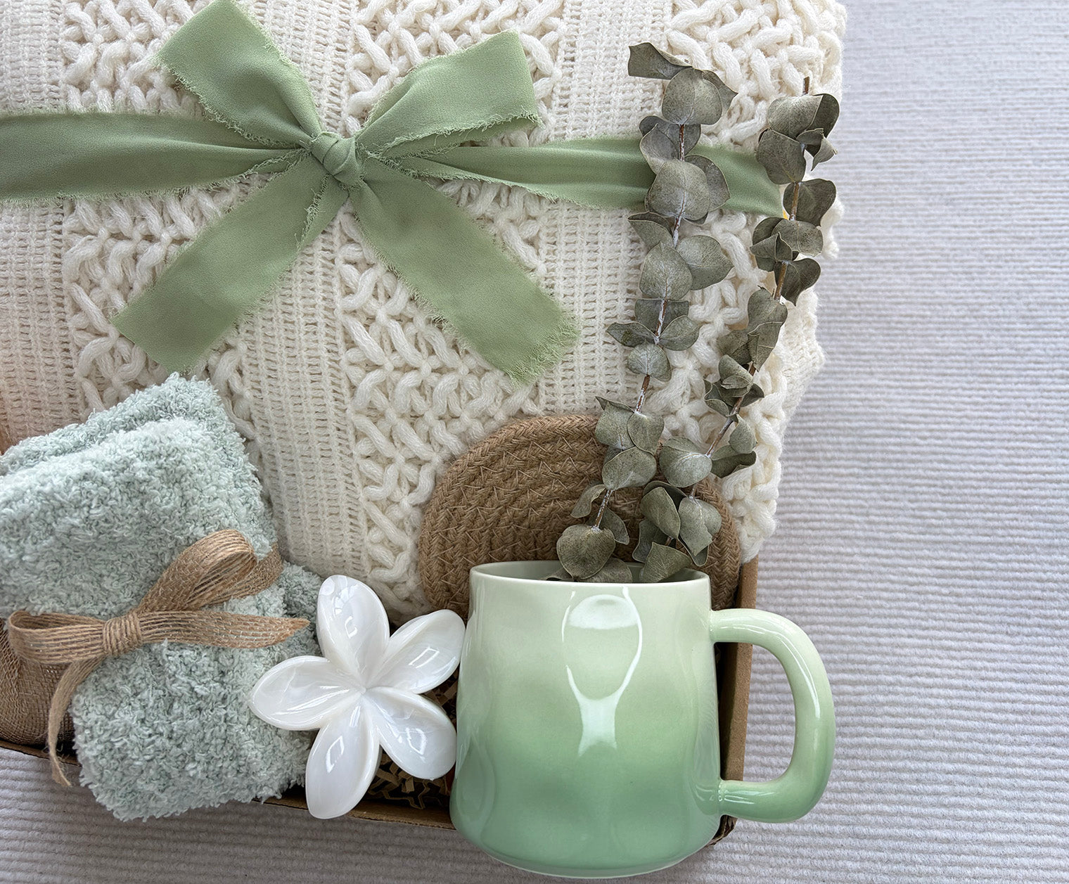 Cream Sage Green Cozy Gift Basket for Her – Self Care Gift Box komorebi INC