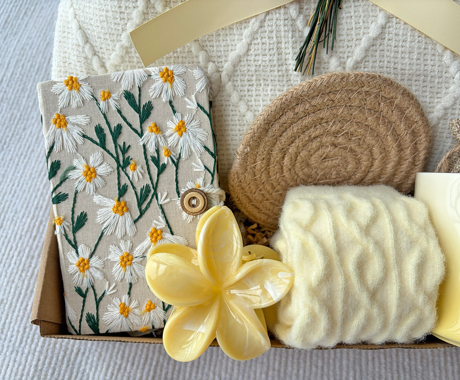 Cream Geometric Knit Blanket Gift Basket | Cozy Self Care Present komorebi INC
