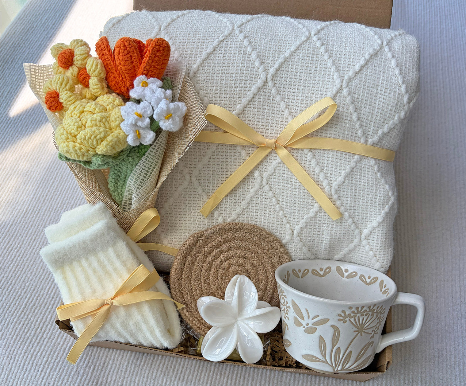 Warm Yellow Handmade Crochet Floral Self Care Gift Box for Women komorebi INC