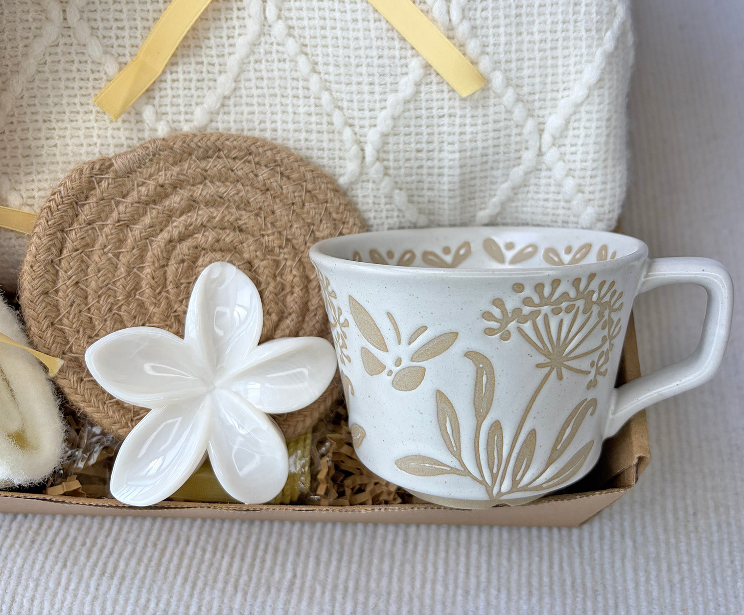 Warm Yellow Handmade Crochet Floral Self Care Gift Box for Women komorebi INC